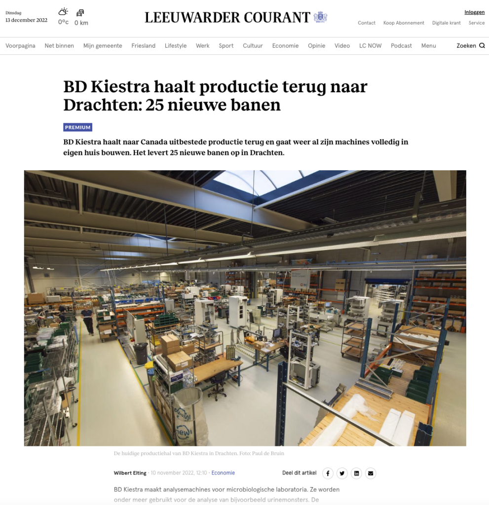 BD Kiestra brings production back to Drachten: 25 new jobs